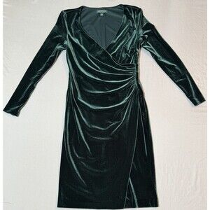 LAUREN RALPH LAUREN VELVET LONG SLEEVE SURPLICE SHEATH DRESS,GREEN, SIZE 4